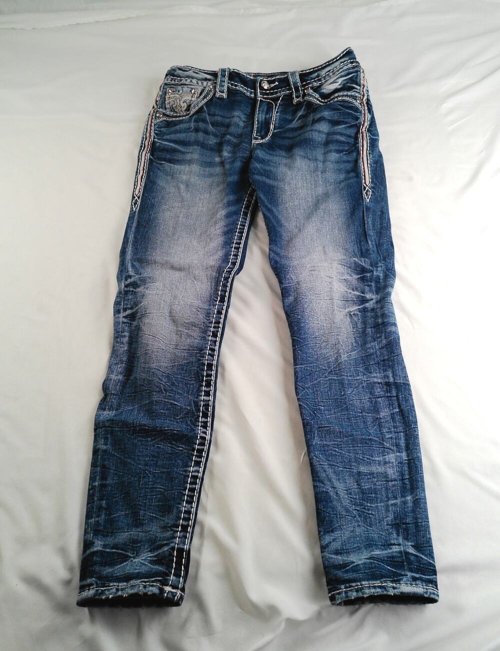 Rock Revival Rosewood Straight Jeans Women's Blue Distressed Stretch Studded